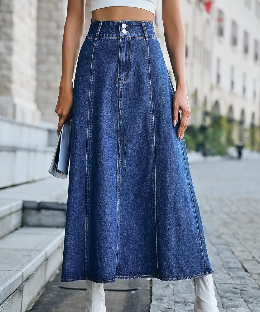 Glkaend Denim Midi Skirts for Women Fashion High Waist Loose A